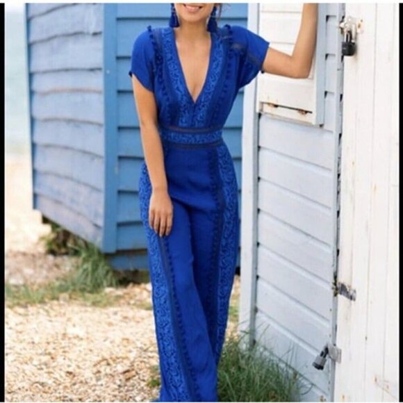 The Jetset Diaries Blue Embroidered Jumpsuit $295 V Neck Sz XS Revolve Maxi - Picture 2 of 10